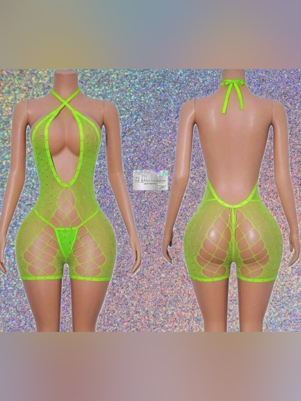 STRIPPER OUTFIT: Neon Green Rhinestone Fishnet Romper & rhinestone pasties